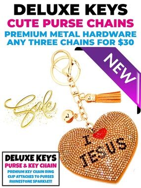 DeLuxe Keys Rhinestone Keychain/Purse Chain BEIGE HEART “I LOVE JESUS”